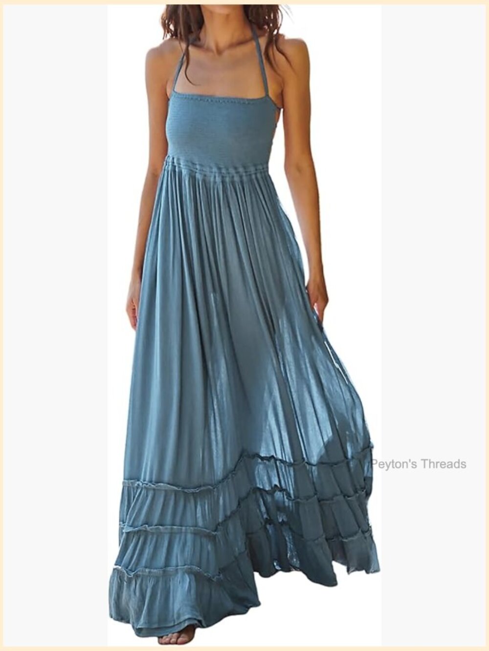 Backless Halter Maxi Dress with Smocked Bodice and Ruffle Hem